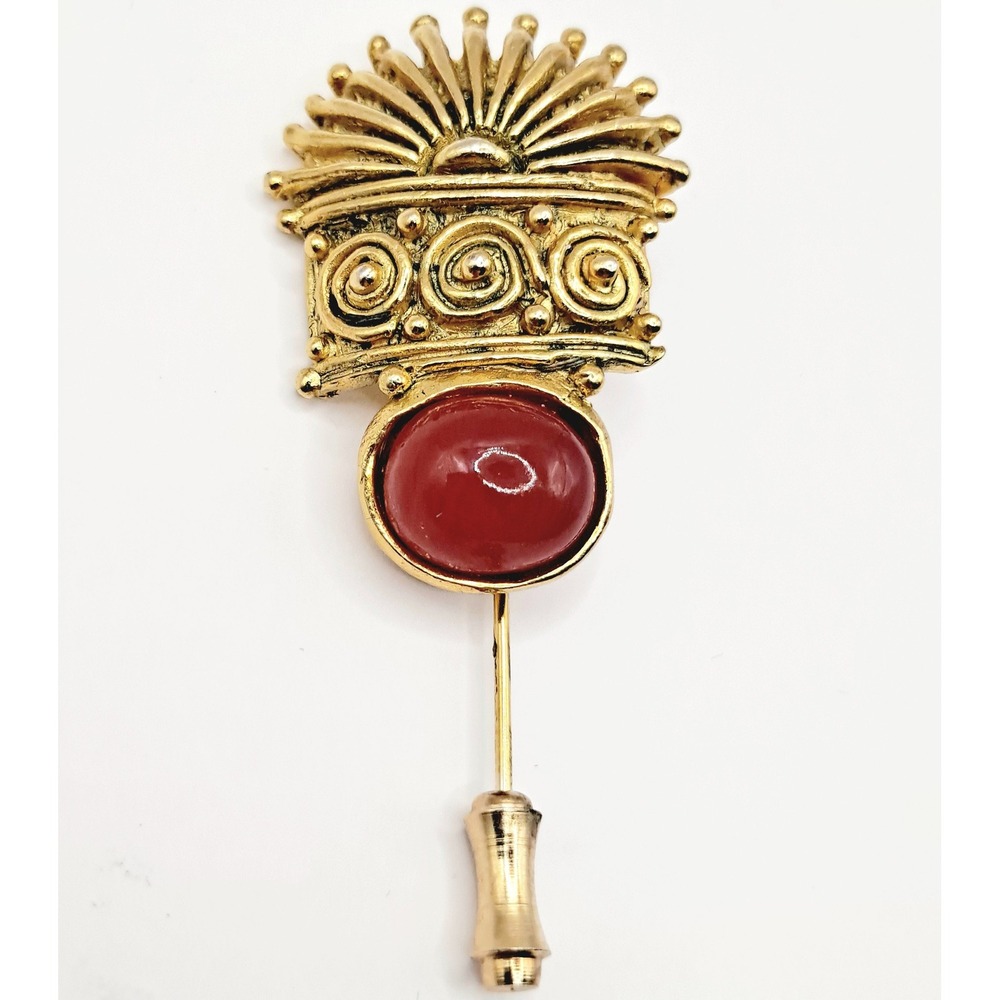 Vintage Designer Stick Pin, LAZARO NY Egyptian Revival Golden Red Glass Cabochon